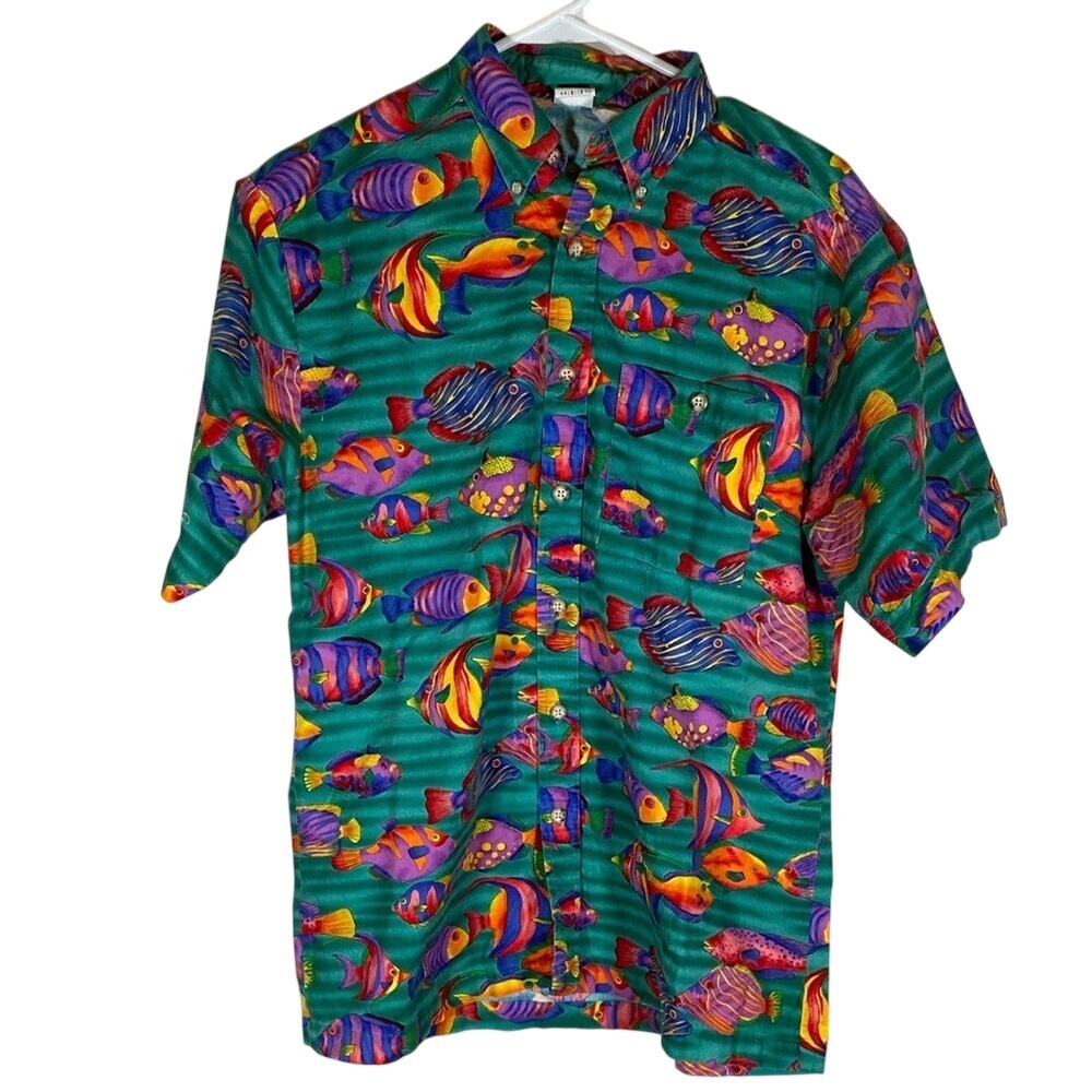 VINTAGE Angelica Men's size small Colorful Tropical Fish casual button down
